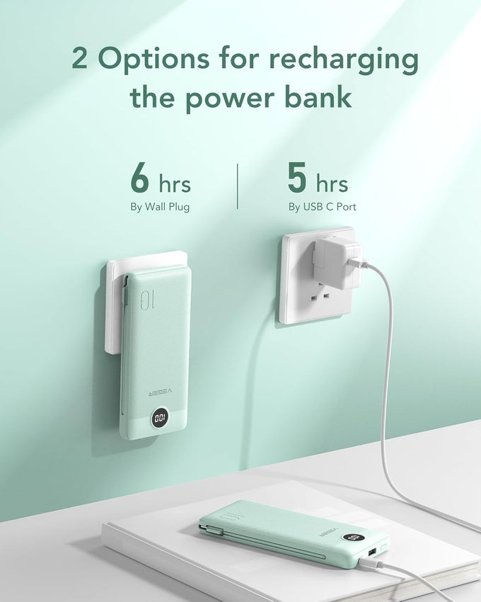 VEGER Portable Charger with Built-in AC Plug and Cables, All in One 10000mAh Ultra Slim Power Bank Travel Essentials, 15W Fast Charging Battery Pack Compatible with iPhone, Samsung, Android (Green)