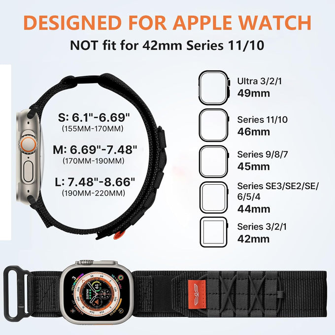 Bandletic Nylon Bands Compatible with Apple Watch Ultra 3/Ultra 2 Band 49mm for Men 46mm 45mm 44mm 42mm(Series 3), Rugged Tactical Sport Strap for iWatch Series 11 10 9 8 7 6 5 4 SE 3 2 1, L-Black