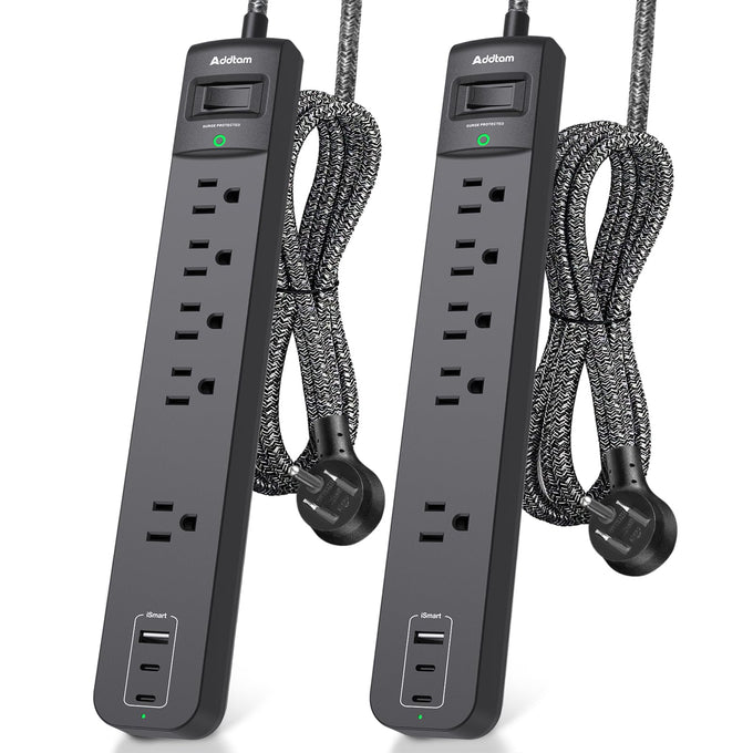 2 Pack Surge Protector Power Strip – 5 Wide Outlets, 3 USB Ports, 6FT Braided Cord, Flat Plug, 15A