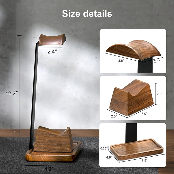 UPERGO Headset Stand with Gaming Controller Holder, Walnut Wood Headphone Stand with Storage Base, Gaming Equipment Accessories for Desk