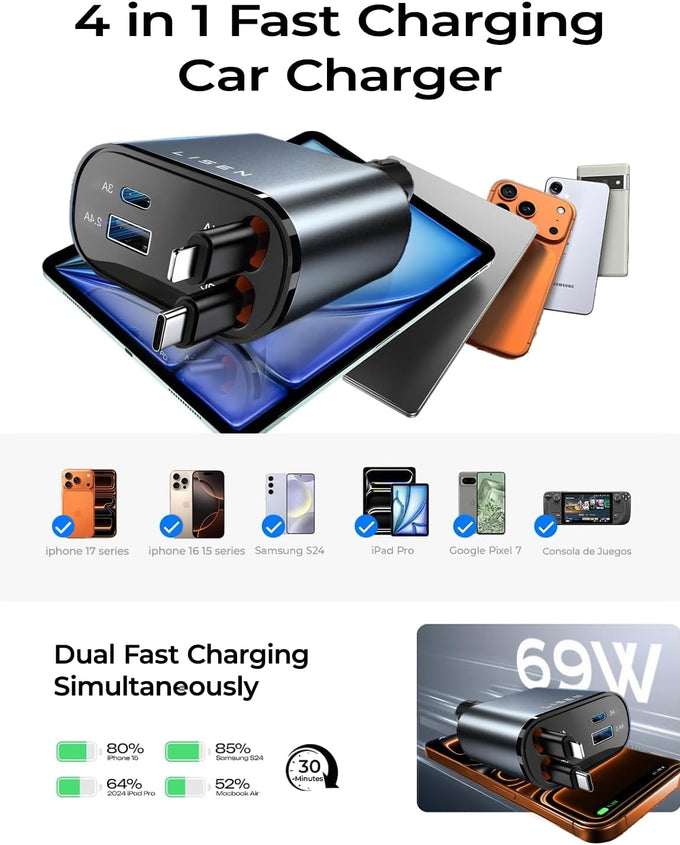 LISEN Retractable Car Charger, Birthday Gifts for Men Tech Gadgets 2026, 69W Cars Adapter USB C Fast Charger for iPhone 17, Car Accessories for Men Women Drivers, for iPhone 17 Pro Max Air 16 15 14 13