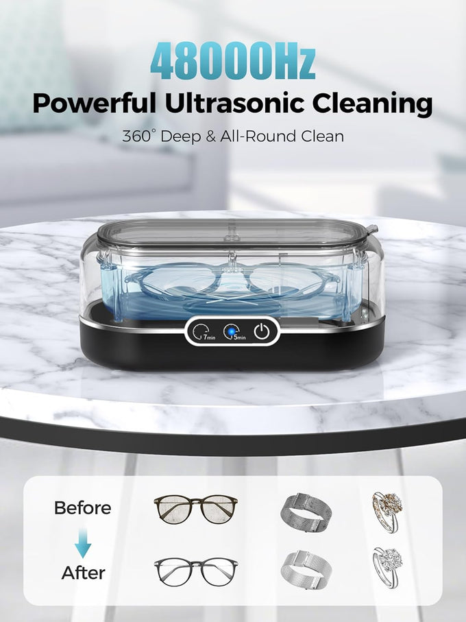 Ultrasonic Jewelry Cleaner, 48KHz Jewelry Ultrasonic Cleaner Machine for All Jewelry, Glasses, Rings, Retainers, Watch Strap, Dentures, 304 Stainless Steel 12oz Cleaning Pod - Black