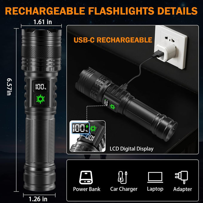 3Pack Rechargeable Flashlights High Lumens 9900FL, LED Flashlight Rechargeable with LCD Digital Display, 5Modes Adjustable Flash Light, Super Bright Flashlight Powerful, Tactical Flashlights for Home