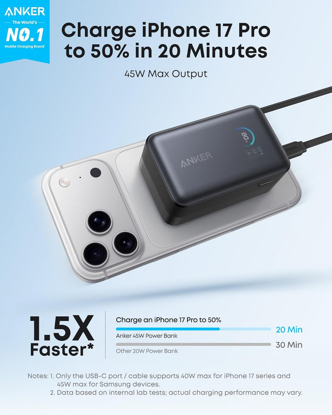 Anker Nano Portable Charger, 10,000mAh 45W Max Compact Power Bank, Travel Essential Phone Battery Pack with 2.3 ft InstaCord Retractable Cable for iPhone 17/16 Series, iPad, Galaxy, Pixel, and More