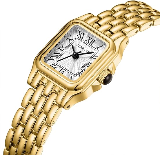 CHEETAH Gold Watches for Women with Small Vintage Bracelet, Rectangular Case Roman Dial
