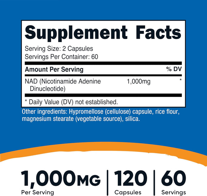 Nutricost NAD+ Supplement 1,000mg per Serving,120 Capsules (Nicotinamide Adenine Dinucleotide) - 60 Servings, Gluten-Free, Vegan