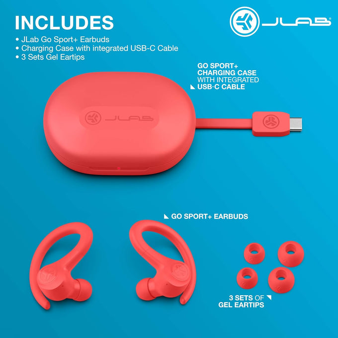JLab Go Sport+ Wireless Workout Earbuds Featuring C3 Clear Calling, Secure Earhook Sport Design, 35+ Hour Bluetooth Playtime, and 3 EQ Sound Settings (Coral)