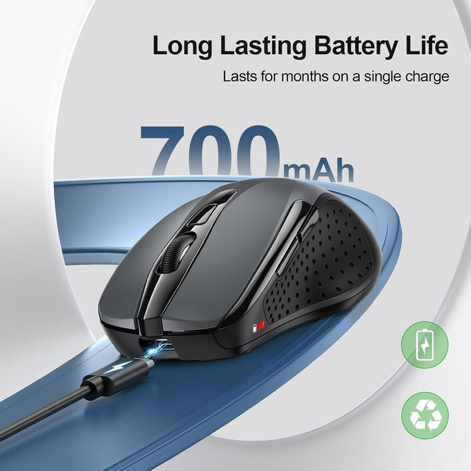 TECKNET Wireless Mouse (BT5.0/3.0 & 2.4G) Rechargeable 4800 DPI Silent USB A & Bluetooth Mouse 6 Buttons, Wide Compatibility - Grey