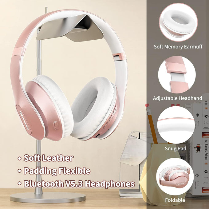 Glynzak Wireless Bluetooth Headphones Over Ear 65H Playtime HiFi Stereo Headset with Microphone and 6EQ Modes Foldable Bluetooth V5.3 Headphones for Travel Smartphone Computer Laptop Rose Gold