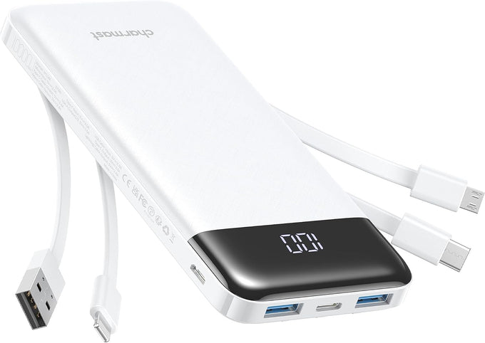 Charmast Portable Charger with Built in Cables, Power Bank with Cords Wires, Slim 10000mAh Travel Battery Pack 6 Outputs 3 Inputs 3A Fast Charging for Samsung Google Pixel LG Moto iPhone iPad