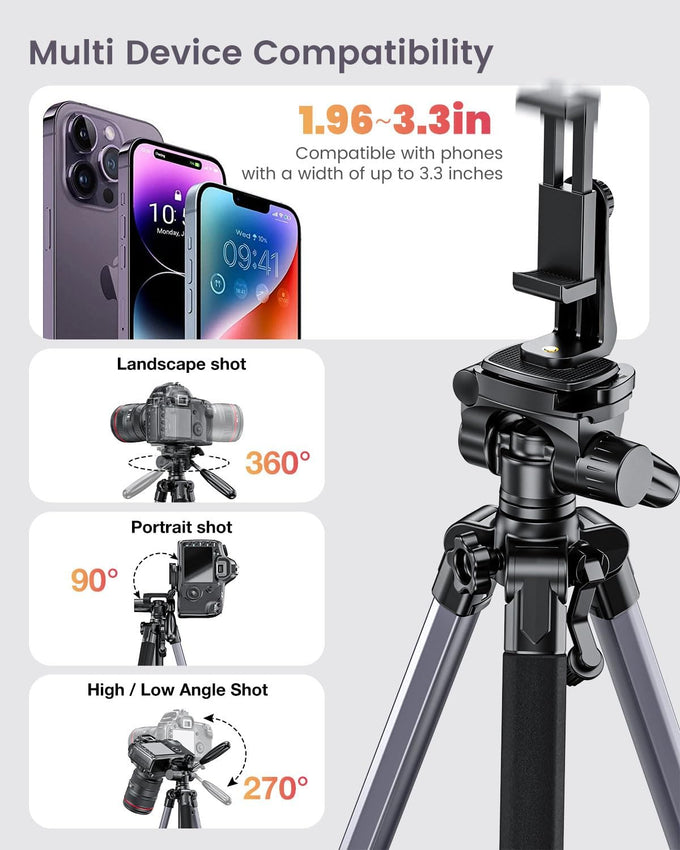 CAMBOFOTO 74″ Aluminum Camera Tripod – Heavy‐Duty Professional Tripod Stand for DSLR & Mirrorless Cameras, Smartphones & GoPro – Lightweight Travel Tripod with 360° Pan Head & Phone Mount