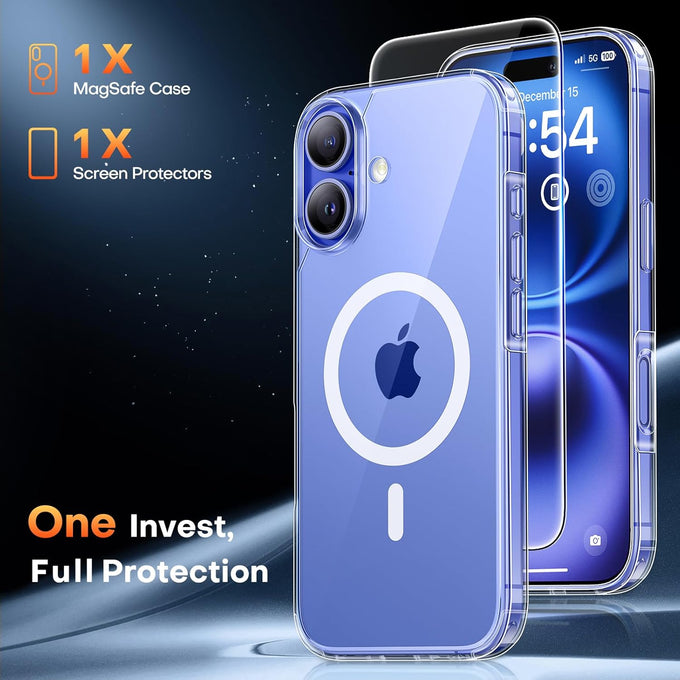 TAURI for iPhone 16 Case, Compatible with MagSafe, with Screen Protectors, Anti-Yellowing Military-Grade Protection, Shockproof Slim Magnetic Phone Case for iPhone 16 6.1", Clear