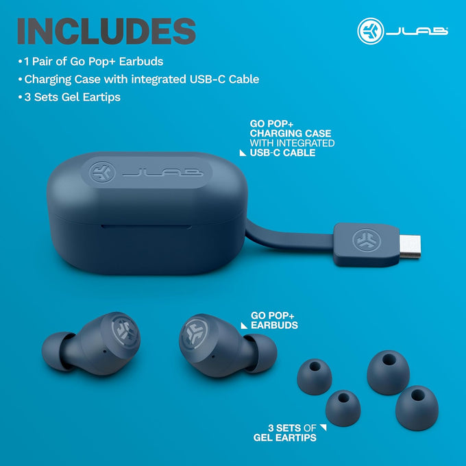 JLab Go Air Pop+ True Wireless Earbuds, in Ear Headphones, Bluetooth Earphones, 35H Playtime Ear Buds, Bluetooth Earbuds with Microphone, USB-C Charging Case, Dual Connect, EQ3 Sound, Navy Blue