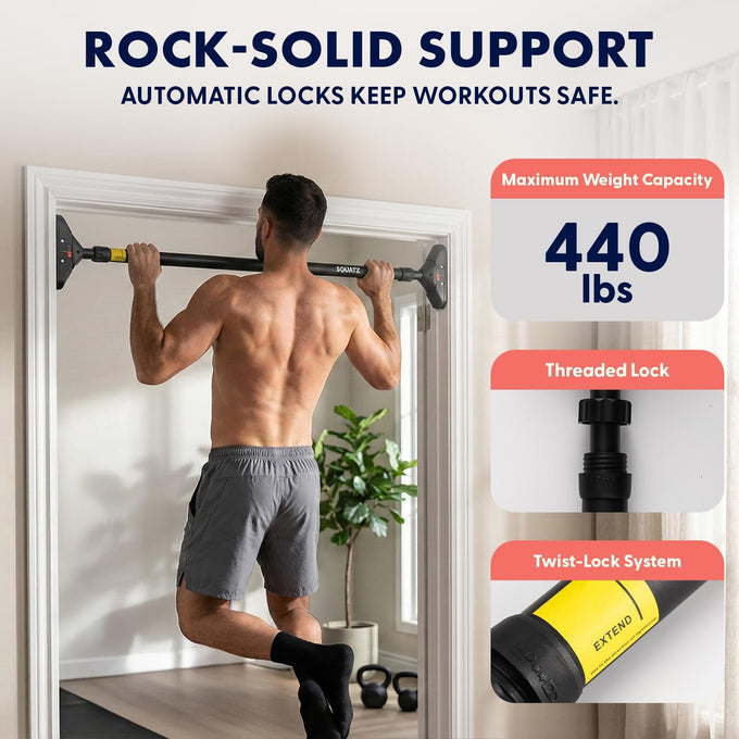 Squatz Adjustable Doorway Pull-Up Bar with Level and Locking Mechanism