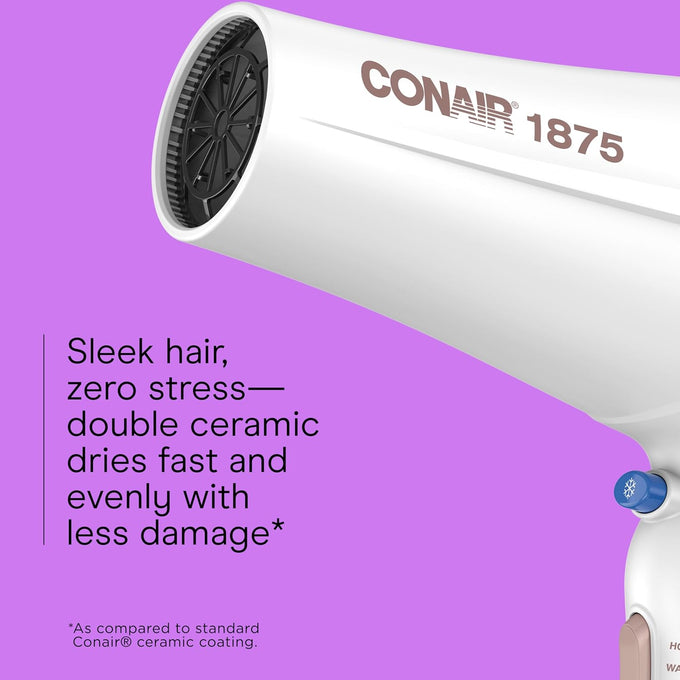 Conair Double Ceramic Ionic Hair Dryer, 1875W Blow Dryer with Diffuser & Concentrator (White)