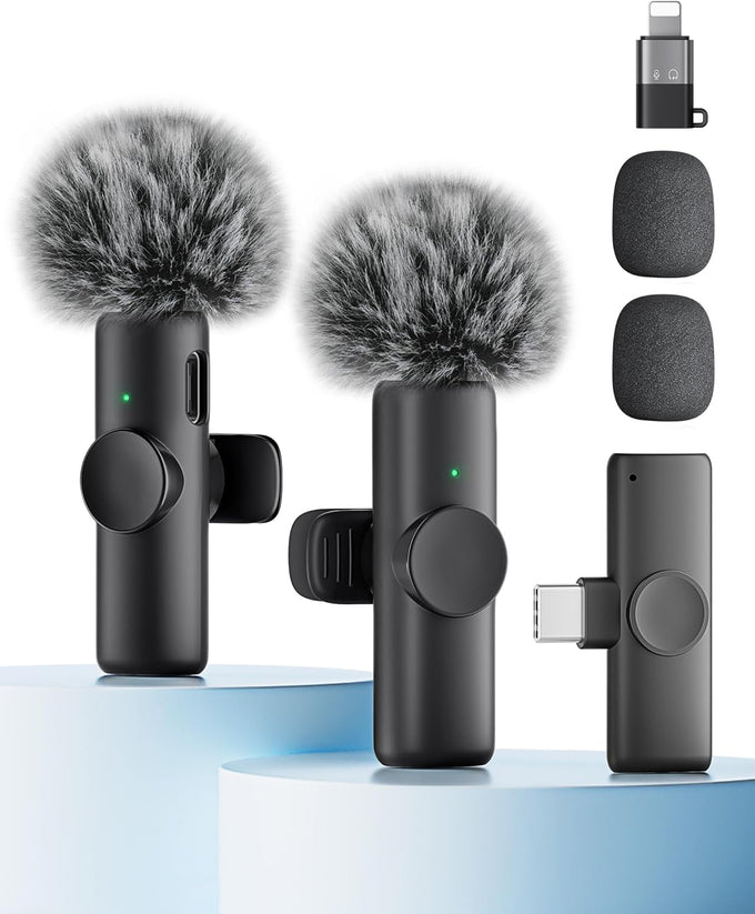 Wireless Microphone for iPhone iPad and Android Phone, 2 Pack Wireless Lavalier Lapel Mic with Noise Reduction, Plug and Play Mini Microphone for Video Recording Interview Podcast YouTube TikTok Vlog