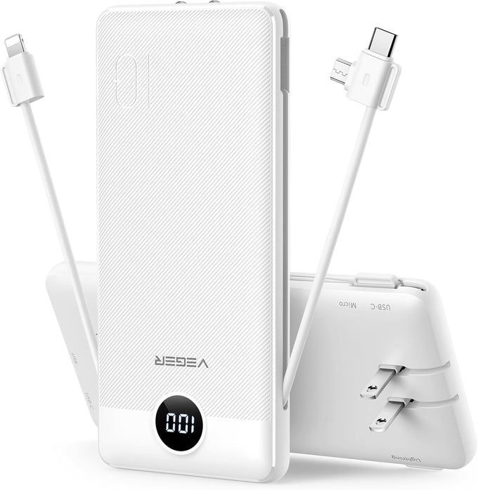 VEGER Portable Charger for iPhone Built in Cables and Wall Plug, 10000mah Slim Fast Charging USB C Power Bank, Travel Essential Battery Pack Compatible with iPhones, iPad, Samsung More Devices(White)