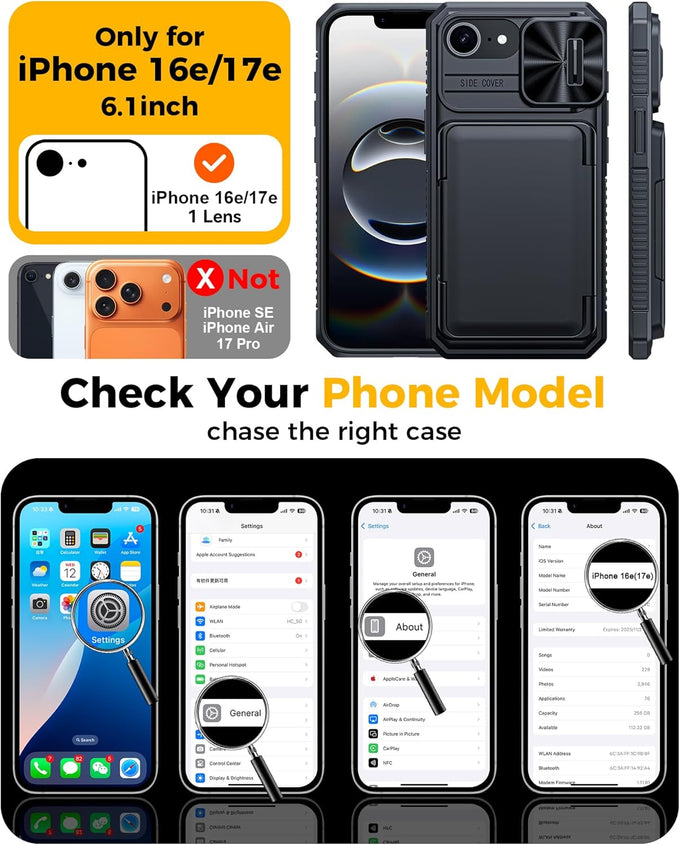 for iPhone 17e Case/iPhone 16e Case Wallet, Built-in Card Holder (4-5 Cards), RFID Blocking,Camera Control Button, Slide Camera Cover, Shockproof Rugged Phone Case for iPhone 17e/16e, Black