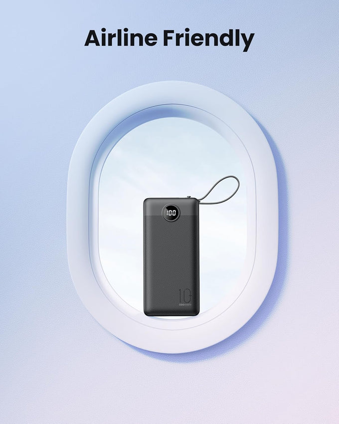 Portable Charger with Built in Cables, Slim 10000mAh Power Bank with USB C, External Battery Pack 5 Outputs 2 Inputs LED Display Compatible with iPhone/Android & More (Black)