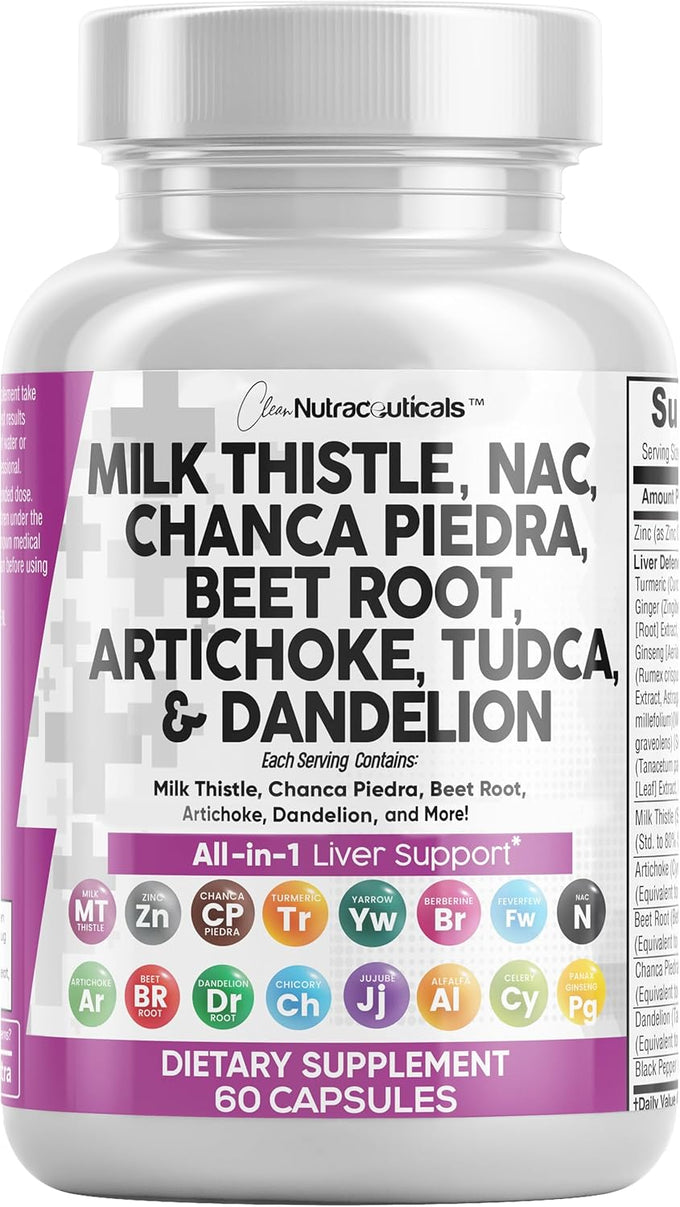 Clean Nutraceuticals Milk Thistle NAC Chanca Piedra Beet Root Artichoke Astragalus Dandelion Root - Liver Cleanse Detox & Repair Supplement Plus TUDCA Choline & Ginger - 1Pack