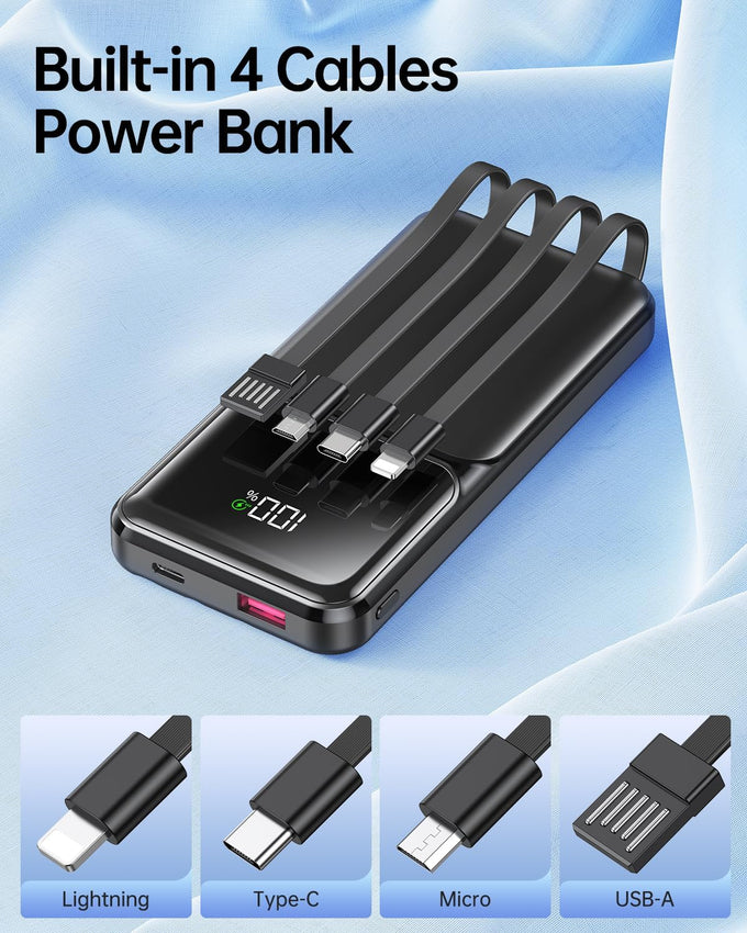 Portable Charger with Built in Cable - Power Bank Fast Charging USB C LED Display 10000mah Battery Pack 5 Outputs & 3 Inputs for Travel Essentials iPhone Samsung Android Phones Tablets Black