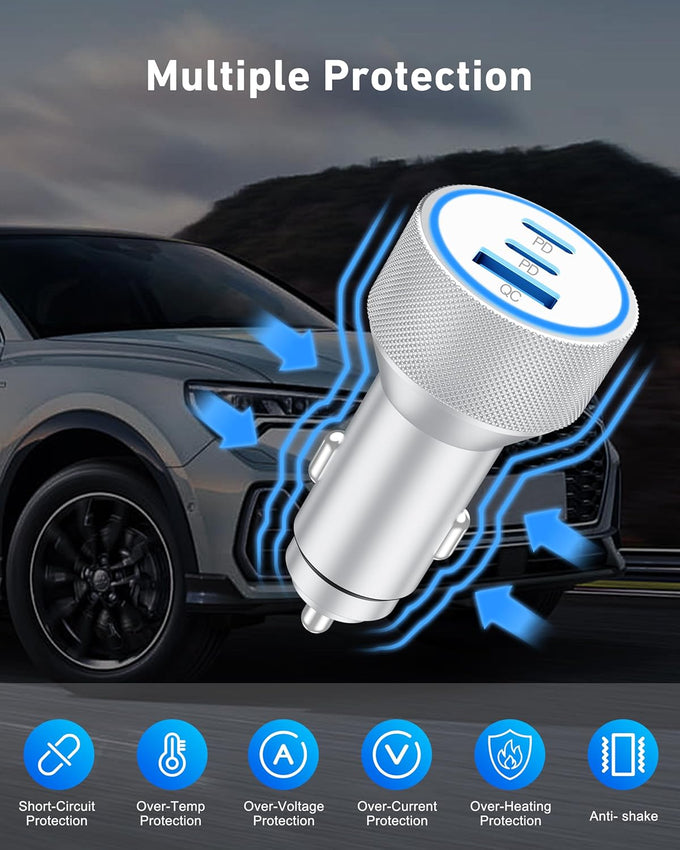 WODENTA for iPhone 17/16/15 Pro Max Car Charger, 67W 3-Port Fast USB C Car Charger Power Cigarette Lighter Adapter with 3FT USB C to C Cable for iPhone 17/17 Pro/Air/16/15 Pro Max/Plus/16e, iPad
