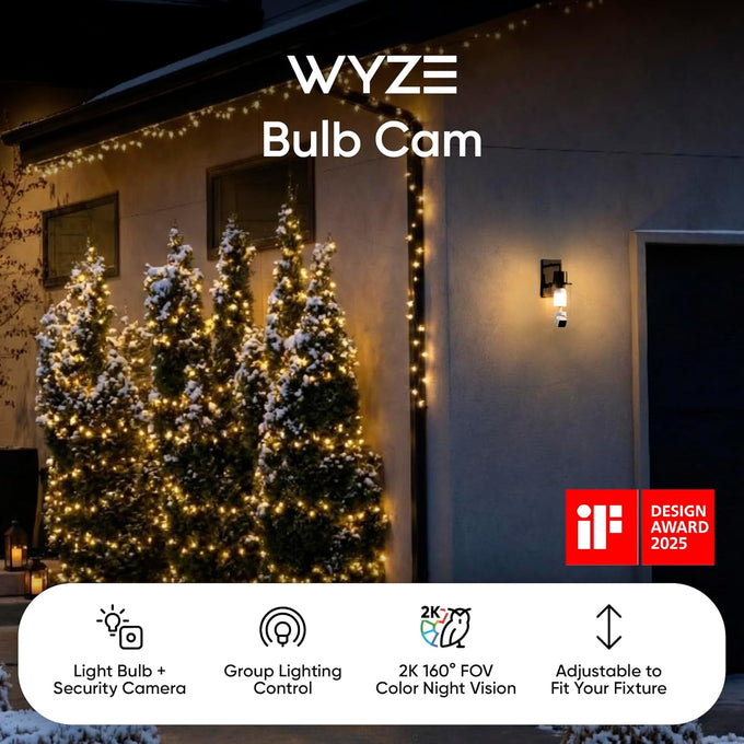 WYZE Bulb Cam Security Camera, 2K HD Outdoor Light Bulb Camera, Color Night Vision, Dimmable LED Bulb, Motion Detection, Siren Alarm, Works w/Alexa/Google Assistant. Free Expert Support
