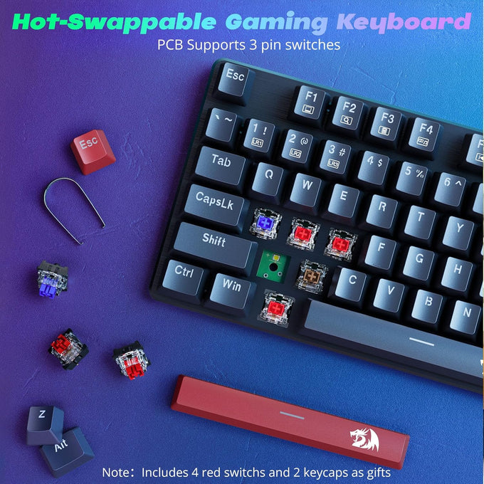 Redragon Mechanical Gaming Keyboard Wired, 11 Programmable Backlit Modes, Hot-Swappable Red Switch, Anti-Ghosting, Double-Shot PBT Keycaps, Light Up Keyboard for PC Mac