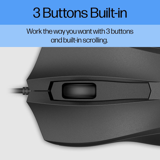 HP Wired Mouse 100 - Precise Optical Sensor with 1600 DPI - Easy USB Connection - Ambidextrous Design - 3 Button Control & Built-in Scrolling - Multi-OS Compatible (6VY96AA#ABL)