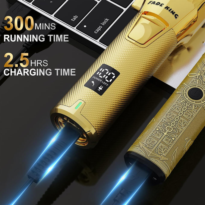 FADEKING Professional Hair Clippers & Beard Trimmer Set for Men – Cordless Barber Clippers with LCD Display, Precision Trimmer & Travel Case – Gifts for Men Husband Father (Gold + Bronze)