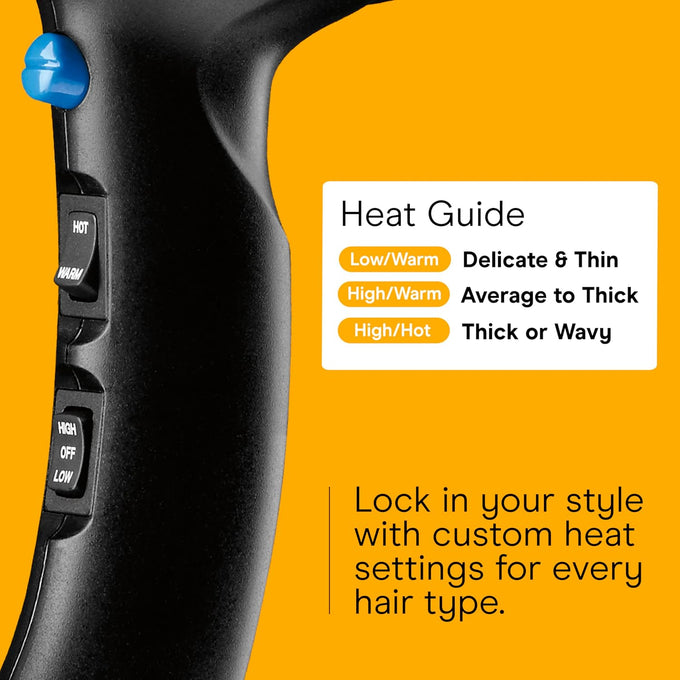 Conair Hair Dryer, 1875W Turbo Blow Dryer with Tourmaline Coating and Ionic Conditioning, Includes Diffuser and Concentrator Attachments, 2 Heat & 2 Speed Settings, Blue/Black