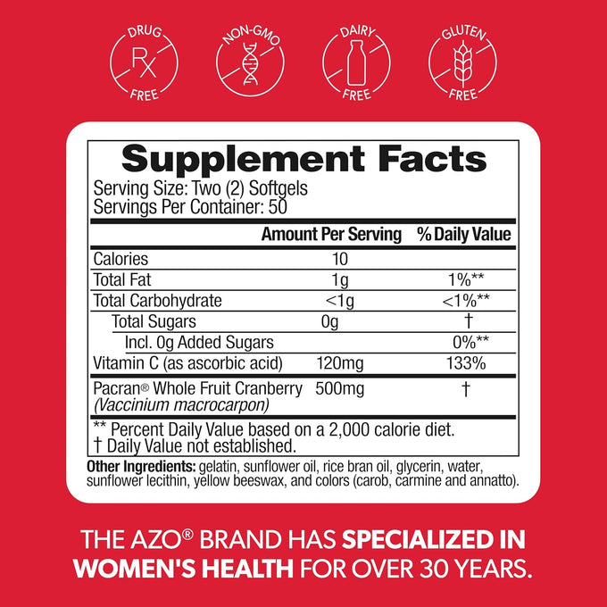 AZO Cranberry Supplement, Made with Concentrated Whole Fruit Cranberry Powder to Help Cleanse and Protect the Urinary Tract*, Sugar Free Cranberry Pills, Non-GMO, 100 Softgels