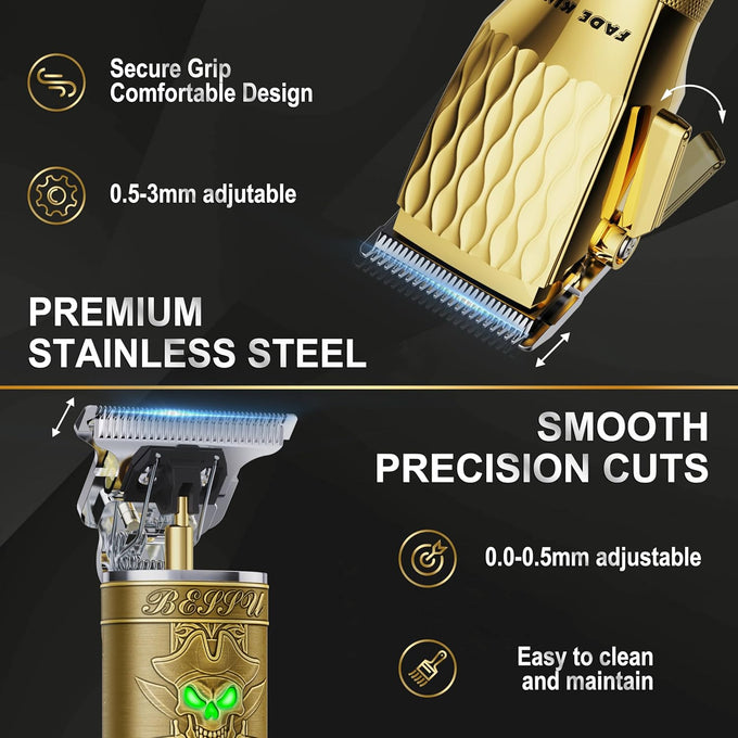 FADEKING Professional Hair Clippers & Beard Trimmer Set for Men – Cordless Barber Clippers with LCD Display, Precision Trimmer & Travel Case – Gifts for Men Husband Father (Gold + Bronze)