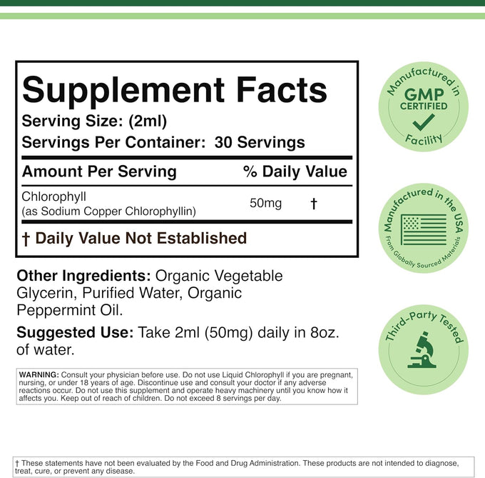 Chlorophyll Liquid Drops - for Digestion, Gut Health, Energy and Detox - Vegan Safe (Rich, Full Texture and Taste, Not Watered Down), 2oz Peppermint Flavored, by Double Wood