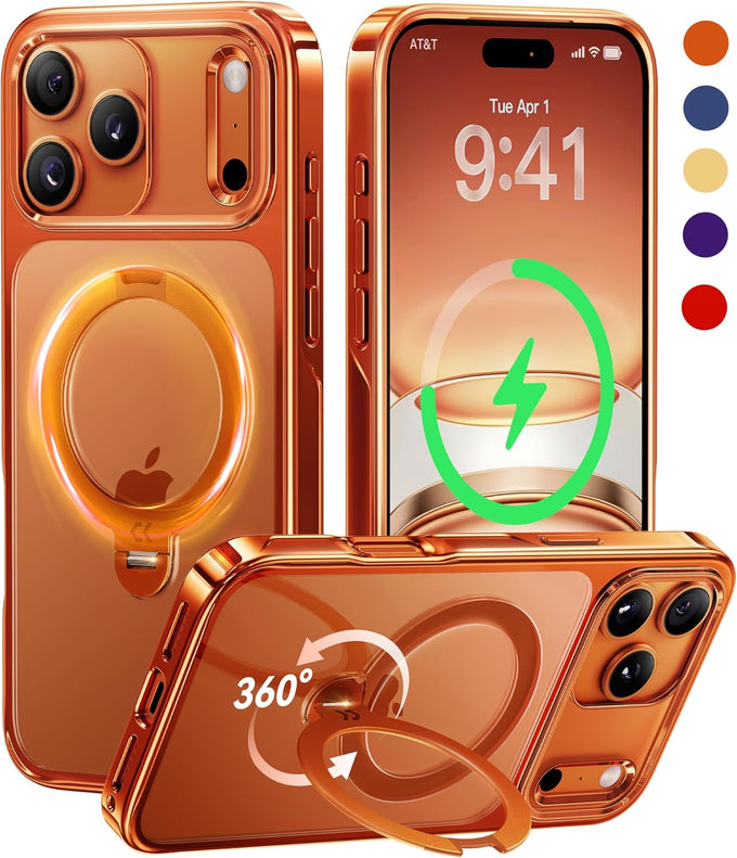 CASEKOO 360 Spin Magnetic Stand for iPhone 17 Pro Max Case [Fit for MagSafe][17FT Military Protection] Slim Hand-Polished Frame Titanium Alloy Sturdy Stand 6.9", Glossy Cosmic Orange
