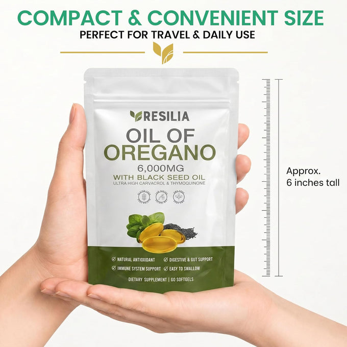 Resilia Softgels with Black Seed Oil 6000mg – Premium Grade Oregano Oil Capsules for Immune & Digestive Support – Non-GMO, Gluten-Free Softgels – Natural Herbal Wellness Supplement (60 Count)