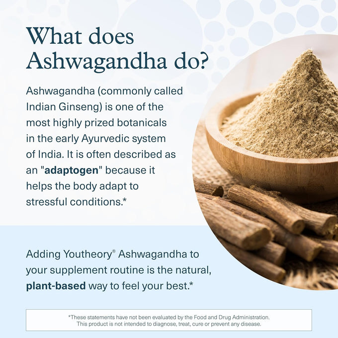 Youtheory Ashwagandha - with Organic KSM-66 Ashwagandha - Herbal Blend to Support Stress Relief & Energy Levels* - Helps Support Mood* - 60 Vegetarian Capsules (30-Day Supply)