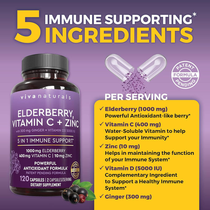 Viva Naturals Elderberry with Vitamin C and Zinc for Adults - 5 in 1 Sambucus Black Elderberry Capsules with Vitamin D3 5000 IU Immunity Supplement, Sambucus Elderberry Immune Support Supplement