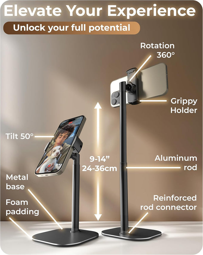 COOPER ChatStand, Adjustable Cell Phone Stand for Desk, Phone Stand for Recording, iPhone Holder for Filming, Small Tripod for iPhone, Fits Samsung, Android Smartphones, (Night Black)