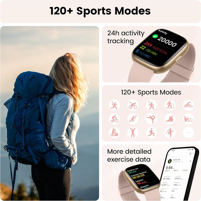 Smart Watch with Alexa Built-in, 1.83" HD Touchscreen Fitness Tracker with Bluetooth Calling, Fitness Watch with Heart Rate/Sleep Monitor/120+ Sports, IP68 Waterproof Smartwatch for Android iOS, Pink