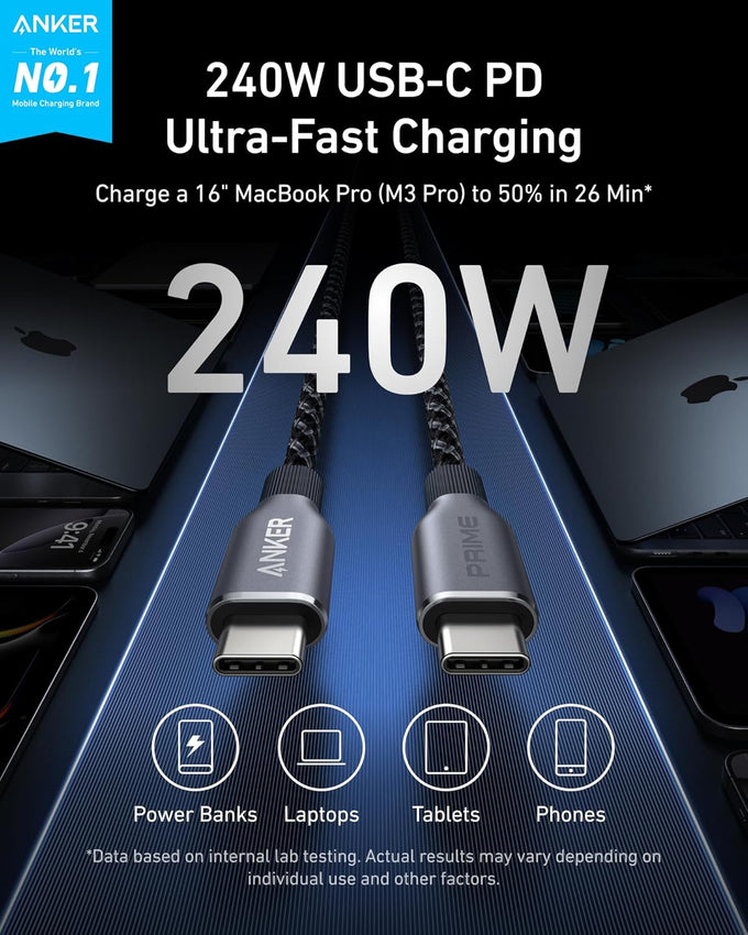 Anker Prime USB C to USB C Cable, 240W Fast Charging Cord, Upcycled-Braided Nylon with 100-Year Bend Durability for iPhone 17 Series, MacBook, Galaxy S24(6 FT)