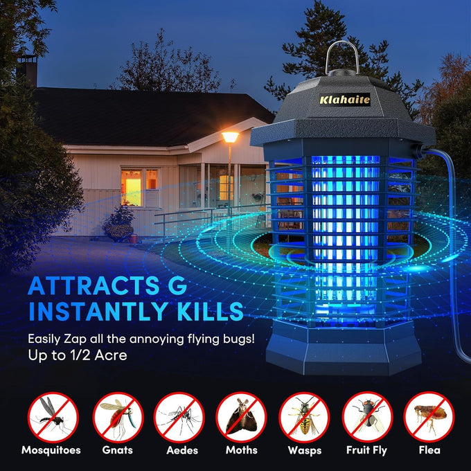 Klahaite Bug Zapper Outdoor, Electric Mosquito Zapper, Fly Zapper Indoor Fly Traps, Mosquito Repellent Outdoor Patio and Backyard Covers 1/2 Acre, 3 Prong Plug, 4200V, ABS Fireproof Plastic Outer