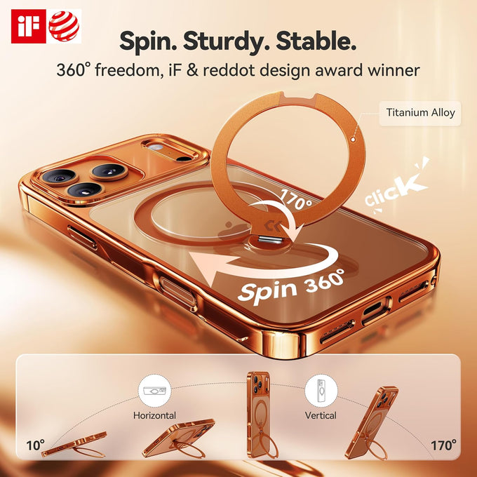 CASEKOO 360 Spin Magnetic Stand for iPhone 17 Pro Max Case [Fit for MagSafe][17FT Military Protection] Slim Hand-Polished Frame Titanium Alloy Sturdy Stand 6.9", Glossy Cosmic Orange