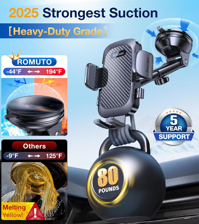 Romuto Phone Holders for Your Car Phone Holder Mount【Super Suction】 Cell Phone Mount for Car Accessories for Women Men Dashboard/Windshield/Vent Truck Stand Camera Mounts for iPhone Samsung