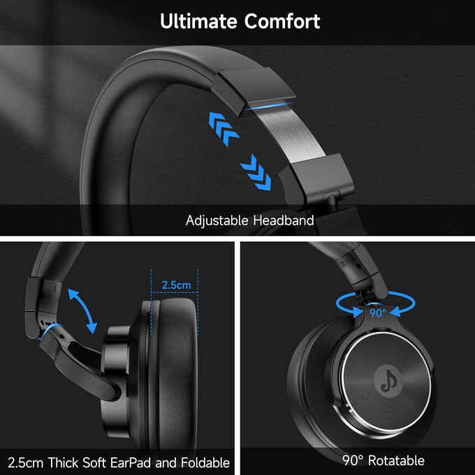 Wired Headphones Over Ear, Studio Monitor & Mixing DJ Headphones with 50mm Neodymium Drivers and 1/4 to 3.5mm Jack for Guitar AMP Podcast Piano Keyboard (Black)
