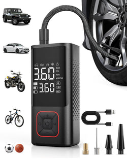Powools Cordless Tire Inflator 150PSI Portable Air Compressor with Auto Shutoff, Air Pump for Car Tires, Motorcycle, Bike, Balls, Inflatables, LED Light, Red, Standard Capacity