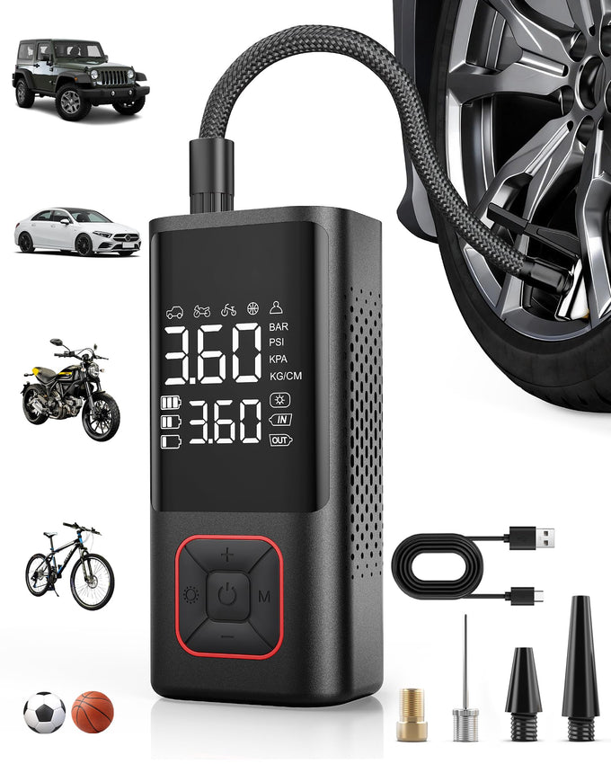 Powools Cordless Tire Inflator 150PSI Portable Air Compressor with Auto Shutoff, Air Pump for Car Tires, Motorcycle, Bike, Balls, Inflatables, LED Light, Red, Standard Capacity