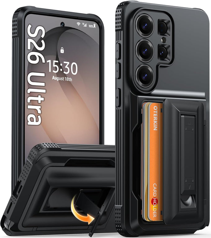 Oterkin for Samsung Galaxy S26 Ultra Wallet Case [4-5 Card Holder] [Kickstand] [RFID Blocking] [Full Camera Protection] [Military Grade Protection] Shockproof Rugged Phone Case for S26 Ultra, Black
