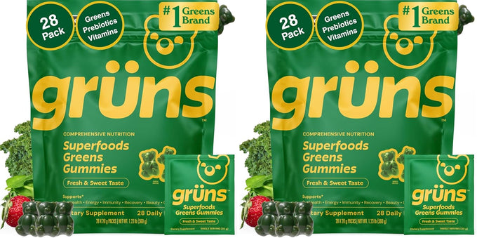 Gruns Adults Super Greens Gummies, Multivitamin Superfood Gummy Bears, Spirulina, Chlorella, Prebiotics & Fiber Gummies for Digestive Health, Adaptogens Supplement, 20 Vitamins & Minerals, 10 Count