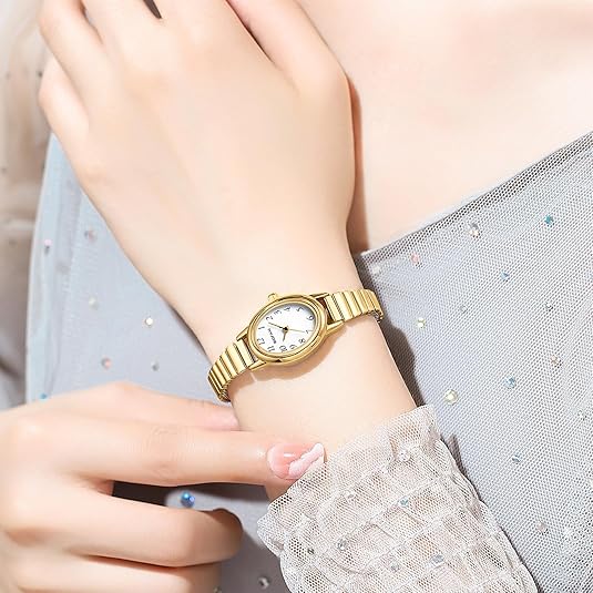 BOFAN Small Gold Watch for Women – Easy Read Quartz, Stainless Steel Expansion Band, Waterproof